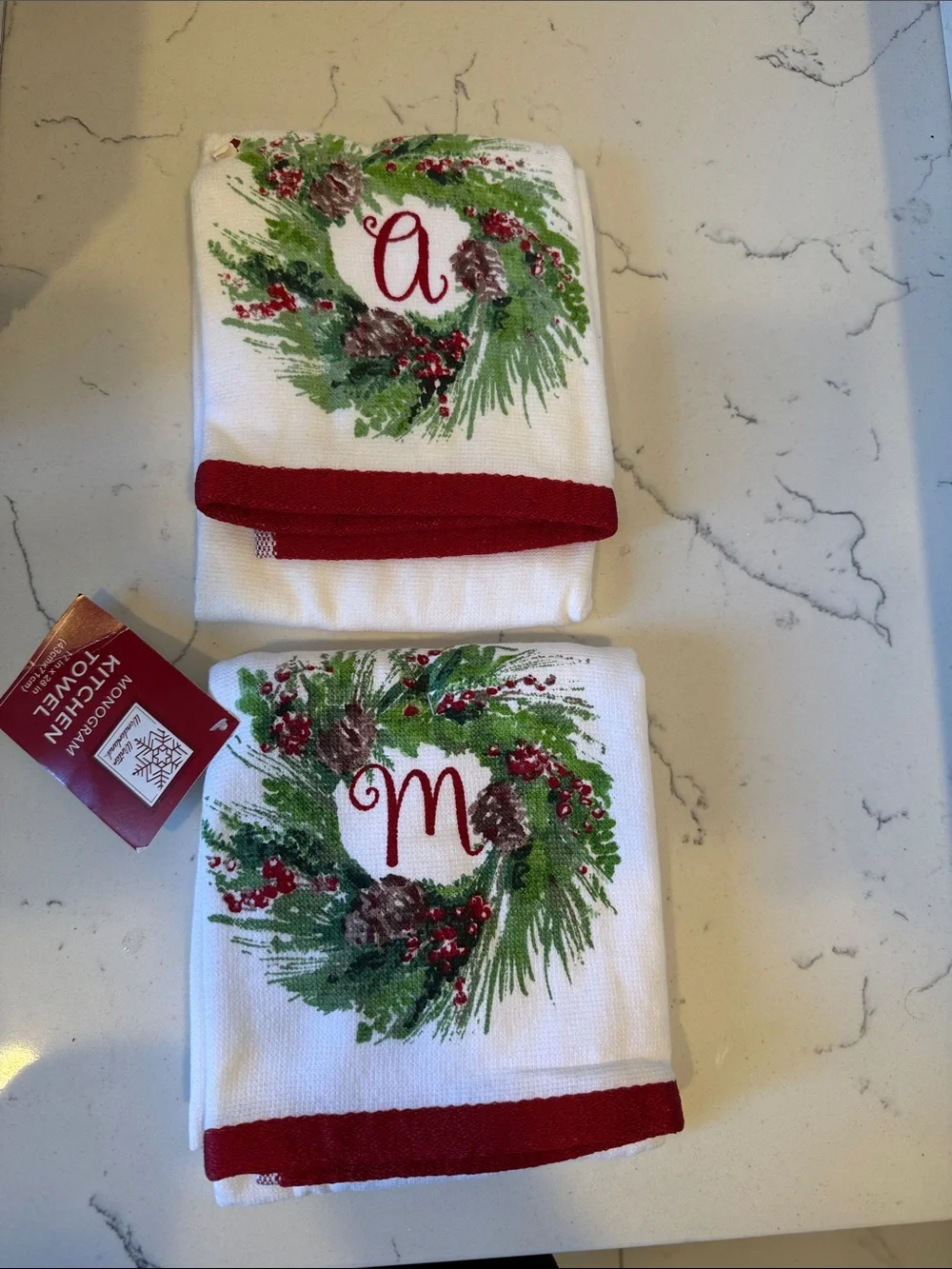 WONDERLAND Red and Green Monogram Holiday Kitchen Towel set 2